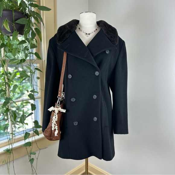 Vintage Halston Black Wool Coat with Faux Fur Collar – Made in USA - Picture 1 of 9